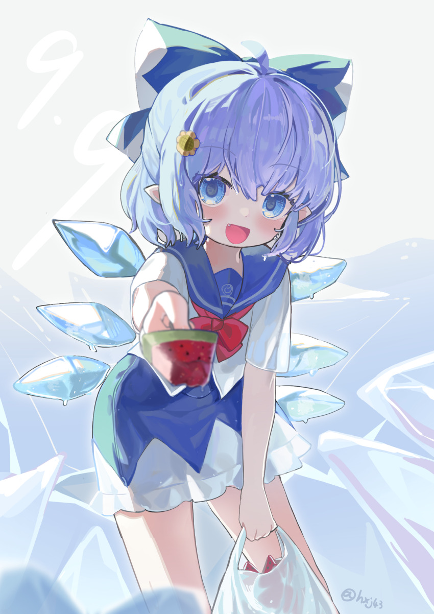 1girl ahoge arm_up bag blue_bow blue_dress blue_eyes blue_hair bow cirno dress flower food foreshortening giving_food grey_background hair_between_eyes hair_bow hair_flower hair_ornament happy highres holding holding_bag hxj_(2324184595) ice ice_wings leaning_forward looking_at_viewer popsicle short_hair short_sleeves simple_background solo sunflower sunflower_hair_ornament touhou wings