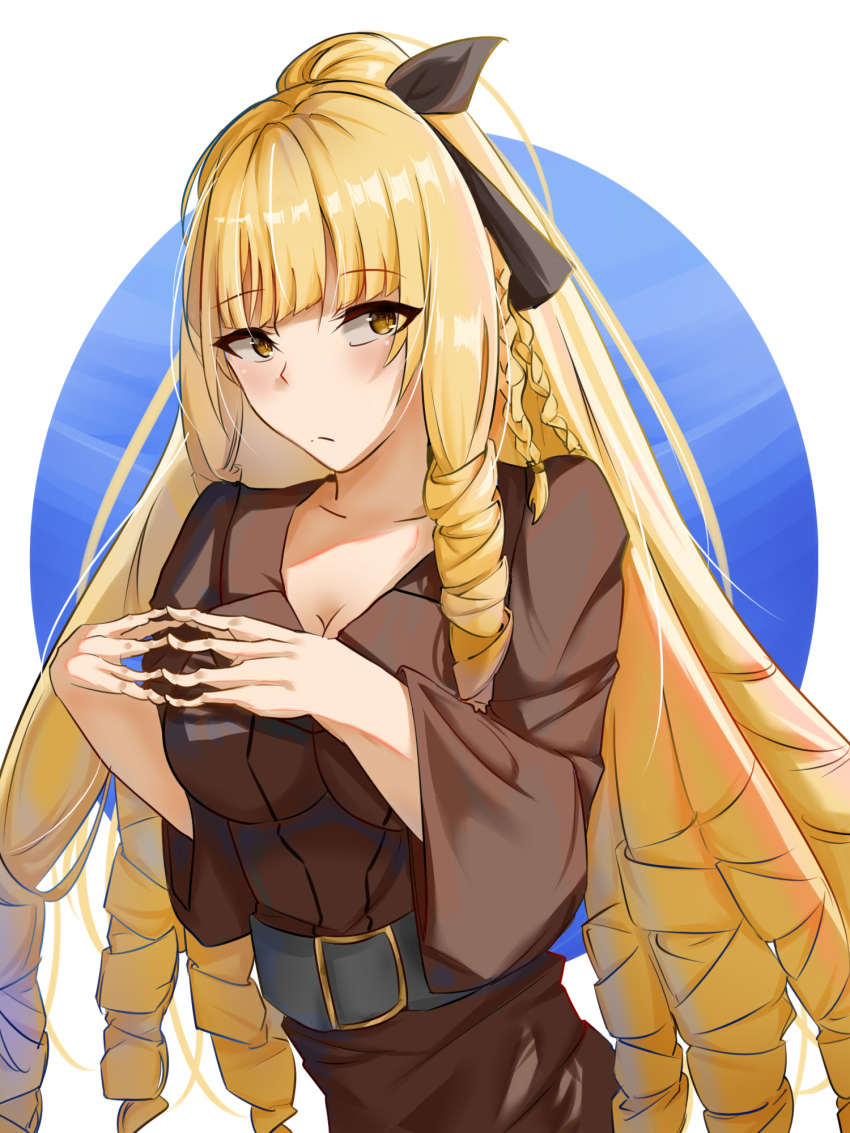 1girl alternate_costume alternate_hairstyle blonde_hair blush breasts cleavage drill_hair highres kage_no_jitsuryokusha_ni_naritakute! large_breasts legs long_hair ponytail rose_oriana smile solo yellow_eyes