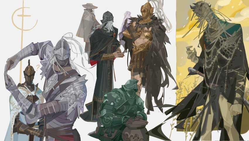 1other 2girls 5boys absurdres arm_up armor black_capelet black_robe breastplate brown_skirt capelet cloak cowboy_shot crossed_arms dryleaf_dane elden_ring elden_ring:_shadow_of_the_erdtree full_armor full_body gauntlets greaves grey_cloak hand_up hat helmet highres hornsent_(elden_ring) kneeling looking_at_viewer mask moore_(elden_ring) multiple_boys multiple_girls needle_knight_leda nslacka pauldrons plume redmane_freyja robe shoulder_armor sir_ansbach skirt standing sword tarnished_(elden_ring) thiollier_(elden_ring) weapon white_background white_cloak