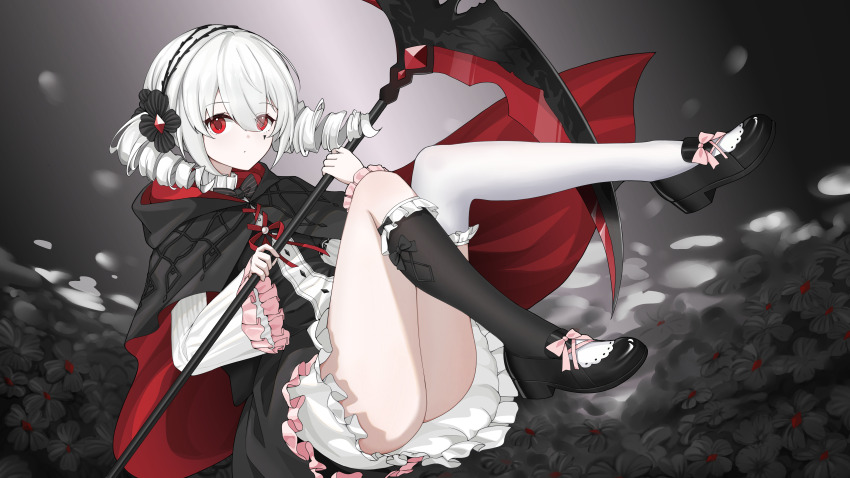 1girl absurdres asymmetrical_legwear bow cape character_request commentary_request dress drill_hair facial_mark flower footwear_bow frilled_dress frilled_skirt frilled_socks frilled_thighhighs frills full_body hairband highres holding holding_scythe hood hooded_cape long_hair long_sleeves mismatched_legwear red_eyes scythe single_sock single_thighhigh skirt socks solo thighhighs twin_drills white_hair yogsothoths_yard zhthktk