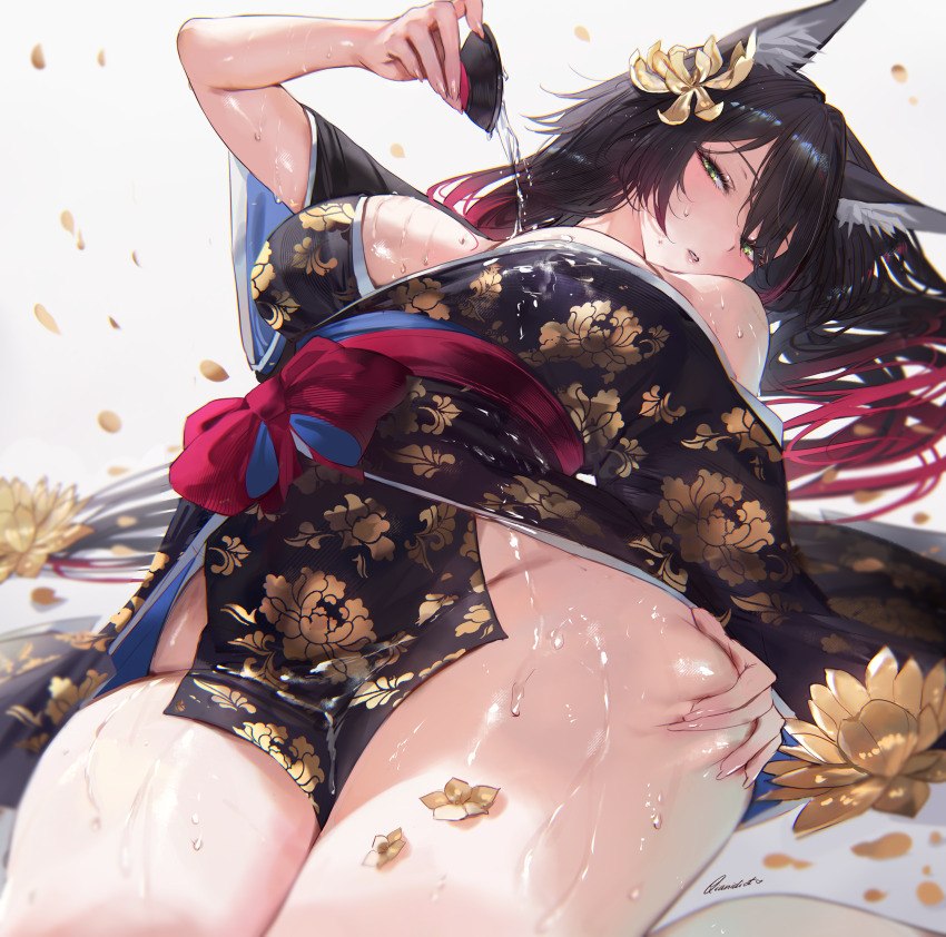 1girl absurdres animal_ears arched_back bare_legs bare_shoulders black_kimono blush breasts brown_hair cleavage commentary_request cup feet_out_of_frame floral_print fox_ears fox_girl fugue_(honkai:_star_rail) grabbing_own_thigh gradient_hair green_eyes groin hair_ornament highres holding holding_cup honkai:_star_rail honkai_(series) japanese_clothes kimono large_breasts legs looking_at_viewer lying multicolored_hair no_panties off_shoulder official_alternate_costume on_back paid_reward_available parted_lips partial_commentary pelvic_curtain pink_hair pouring pouring_onto_self qiandaiyiyu red_sash sakazuki sash signature solo thick_thighs thighs tingyun_(honkai:_star_rail) wet white_background yellow_petals