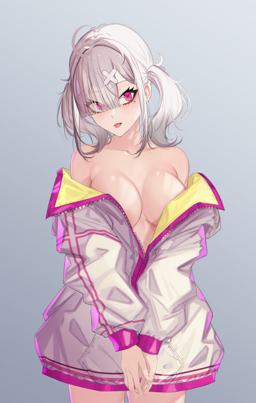 1girl absurdres ahoge bare_shoulders blunt_bangs breasts collarbone cross cross_print expressionless eyes_visible_through_hair gradient_background grey_background grey_hair gurumyuu hair_ornament hair_over_one_eye hairclip highres jacket large_breasts long_sleeves mole mole_under_eye multicolored_clothes multicolored_jacket naked_jacket nijisanji own_hands_together partially_unzipped pink_eyes pink_jacket solo sukoya_kana thighs tongue tongue_out twintails two-sided_fabric two-sided_jacket v_arms virtual_youtuber white_jacket x_hair_ornament yellow_jacket