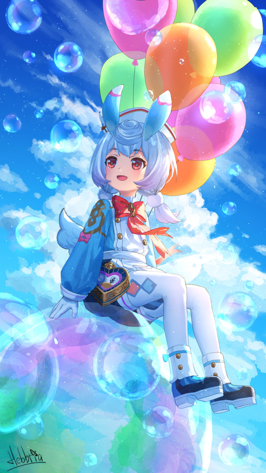 1girl :d animal_ears apron aqua_dress balloon black_footwear blush bow bowtie bubble cloud commentary dress from_side full_body genshin_impact gloves hair_ornament heart hebbtia highres long_sleeves looking_to_the_side on_bubble open_mouth pantyhose pom_pom_(clothes) pom_pom_hair_ornament red_bow red_bowtie red_eyes sigewinne_(genshin_impact) signature sitting sky smile soap_bubbles solo white_apron white_gloves white_pantyhose white_wings wings