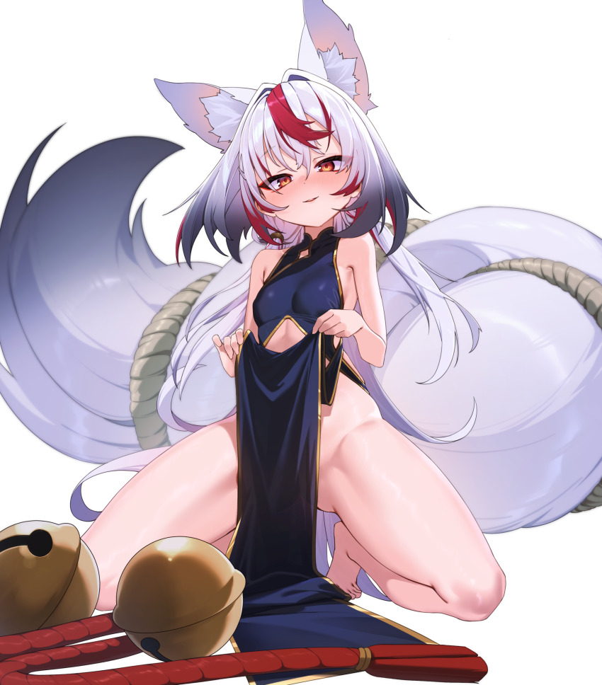 1girl absurdres animal_ear_fluff animal_ears bare_shoulders barefoot bell black_dress black_hair blush breasts china_dress chinese_clothes clothes_lift clothing_cutout dress fox_ears fox_girl fox_tail grey_hair highres kneeling long_hair looking_at_viewer multicolored_hair navel_cutout ninsaki_(9saki) no_panties nose_blush original parted_lips pelvic_curtain pelvic_curtain_lift red_eyes red_hair rope simple_background sleeveless sleeveless_dress small_breasts solo streaked_hair tail thighs white_background white_hair