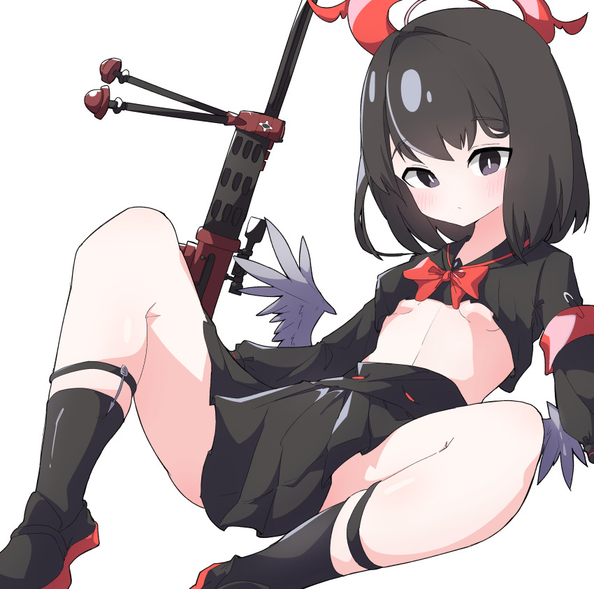 1girl absurdres anti-materiel_rifle anzio_ironworks_20mm_rifle armband black_hair black_serafuku blue_archive blush bow bowtie breasts bullet_(bullet0701) expressionless gun halo highres looking_at_viewer low_wings lying mashiro_(blue_archive) miniskirt on_back pleated_skirt purple_eyes red_bow red_bowtie red_halo rifle school_uniform serafuku short_hair simple_background skirt small_breasts sniper_rifle underboob weapon white_background winged_halo wings