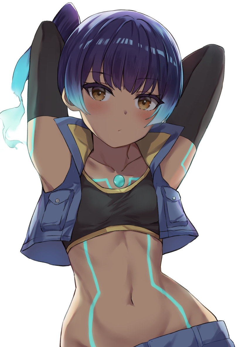 1girl absurdres arms_behind_head black_sports_bra blue_hair blue_jacket blush body_markings brown_eyes closed_mouth collarbone commentary_request cropped_jacket glowing_lines glowing_markings highres hosh jacket medium_hair navel open_clothes open_jacket sena_(xenoblade) side_ponytail simple_background solo sports_bra white_background xenoblade_chronicles_(series) xenoblade_chronicles_3