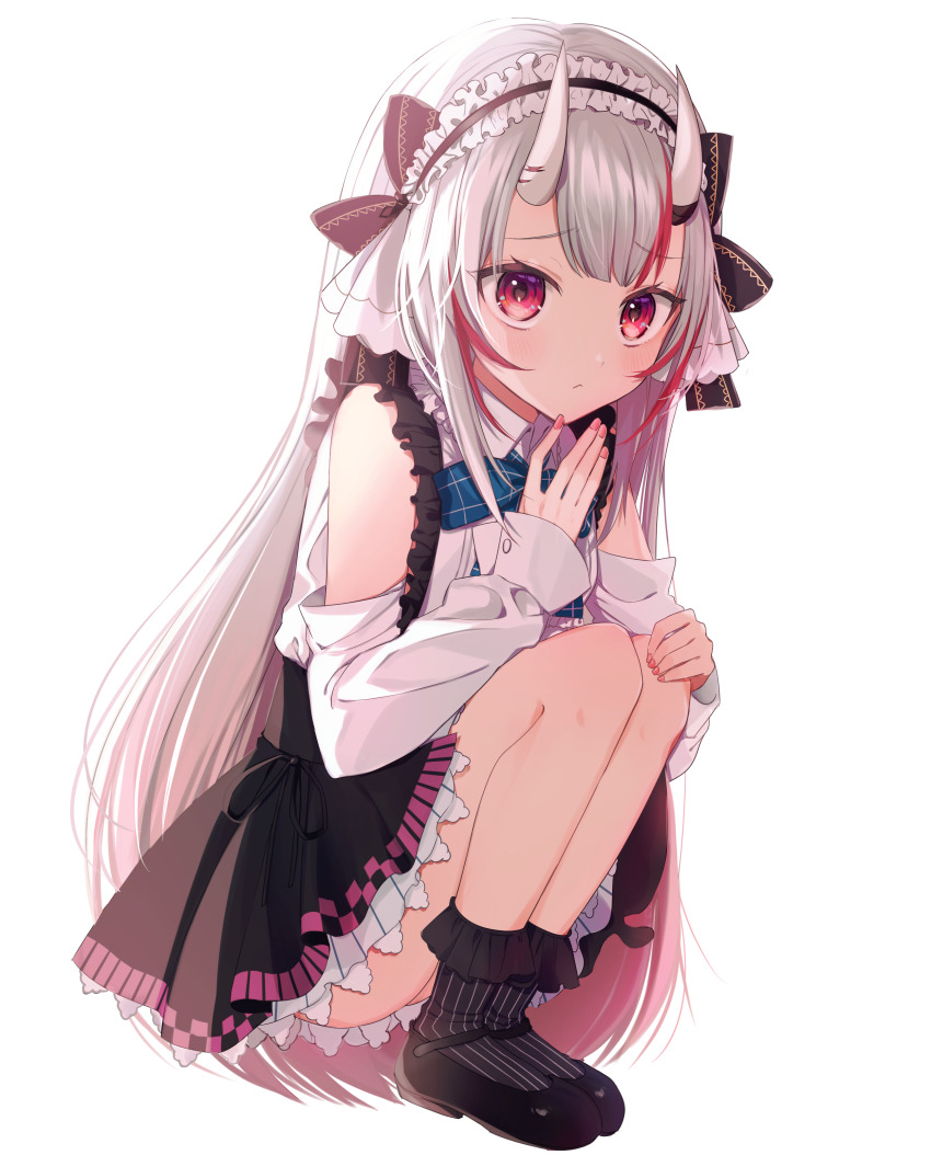 1girl absurdres backlighting blush commentary_request full_body grey_hair hairband highres hololive horns ineka_ka lolita_hairband long_hair long_sleeves looking_at_viewer multicolored_hair nakiri_ayame nakiri_ayame_(girly) official_alternate_costume red_eyes red_hair skin-covered_horns solo squatting streaked_hair virtual_youtuber white_background