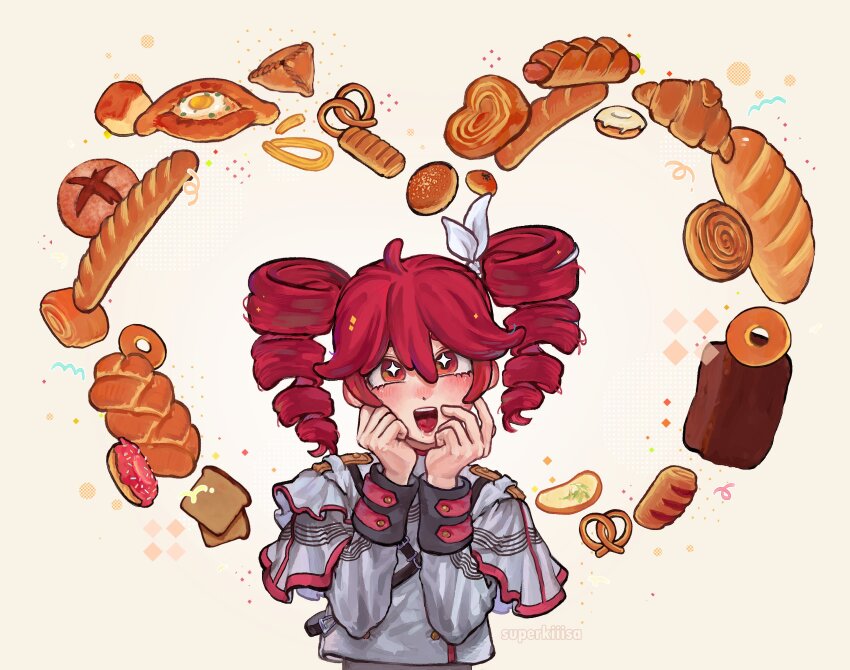 1girl baguette blush bread commentary doughnut drill_hair drooling egg english_commentary food grey_shirt hands_on_own_face highres kasane_teto kasane_teto_(sv) lily_(superkiiisa) long_sleeves open_mouth pretzel red_eyes red_hair saliva shirt smile solo sprinkles synthesizer_v teeth twin_drills upper_body upper_teeth_only utau