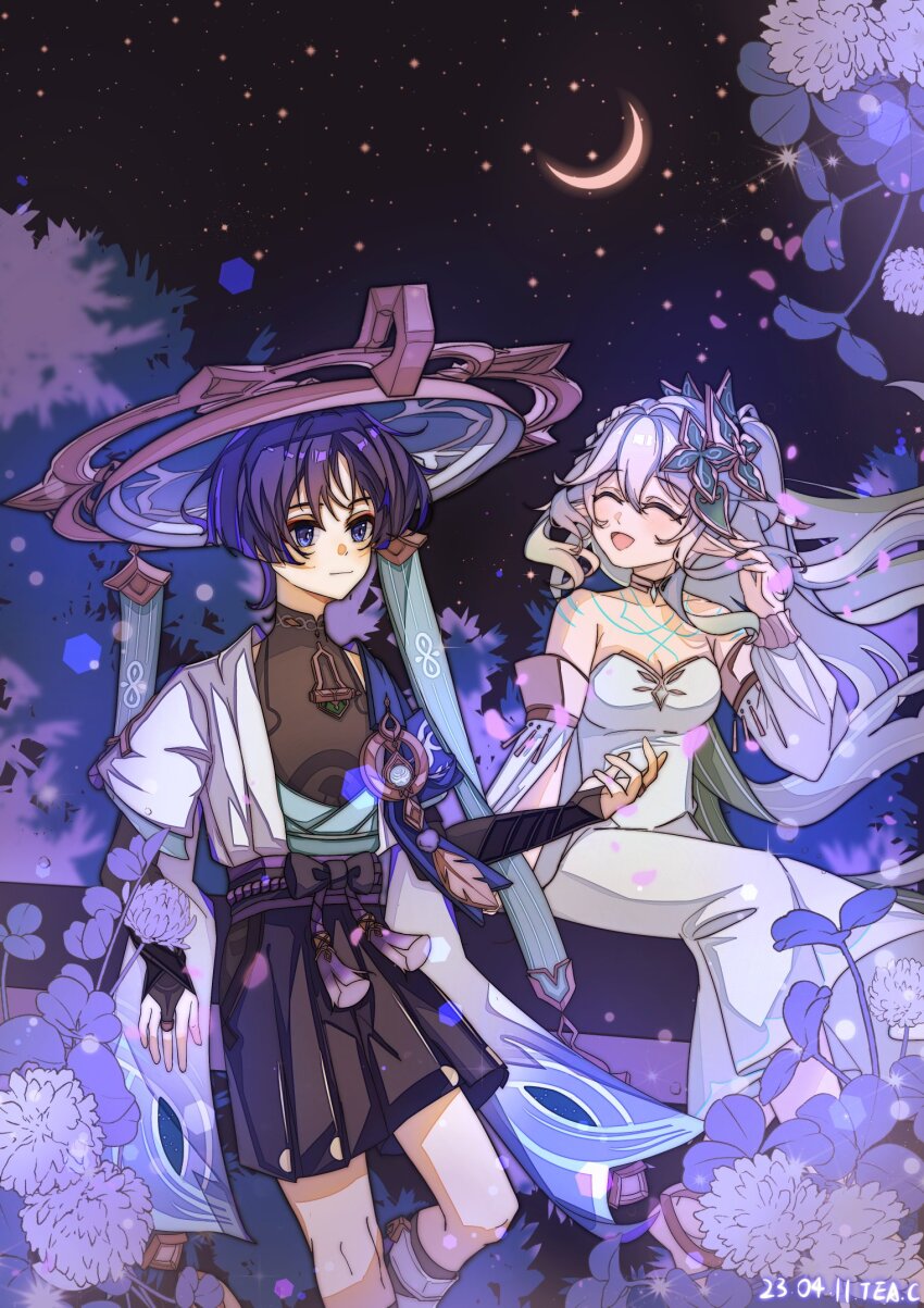 1boy 1girl aged_up alternate_costume anemo_symbol_(genshin_impact) arabian_clothes arm_at_side arm_cutout armor bare_shoulders belt black_belt black_bodysuit black_bow black_bridal_gauntlets black_shorts blue_cape blue_eyes blue_gemstone blue_hat blue_kimono blue_sleeves blunt_bangs body_markings bodysuit bow bridal_gauntlets cape closed_eyes closed_mouth crescent dated detached_sleeves dress eyeliner eyeshadow feathers flower fringe_trim furisode gem genshin_impact gold green_cape hair_between_eyes hair_intakes hair_ornament hakama hakama_shorts half_crown_braid han&#039;eri hand_up hat heart heart_hair_ornament highres japanese_armor japanese_clothes jewelry jingasa kimono kote kurokote layered_kimono layered_sleeves long_hair looking_to_the_side makeup mandarin_collar nahida_(genshin_impact) neck_ring night night_sky open_clothes open_hand open_kimono open_mouth outdoors plant pleated_shorts pointy_ears pom_pom_(clothes) purple_hair purple_rope purple_sash red_eyeliner red_eyeshadow rope sash scaramouche_(genshin_impact) short_sleeves shorts shoulder_peek sidelocks sitting_on_branch skirt sky smile star_(sky) starry_sky strapless strapless_dress tassel tea0119_c tree turtleneck turtleneck_bodysuit wanderer_(genshin_impact) white_dress white_hair white_kimono white_skirt white_sleeves white_trim yellow_feathers