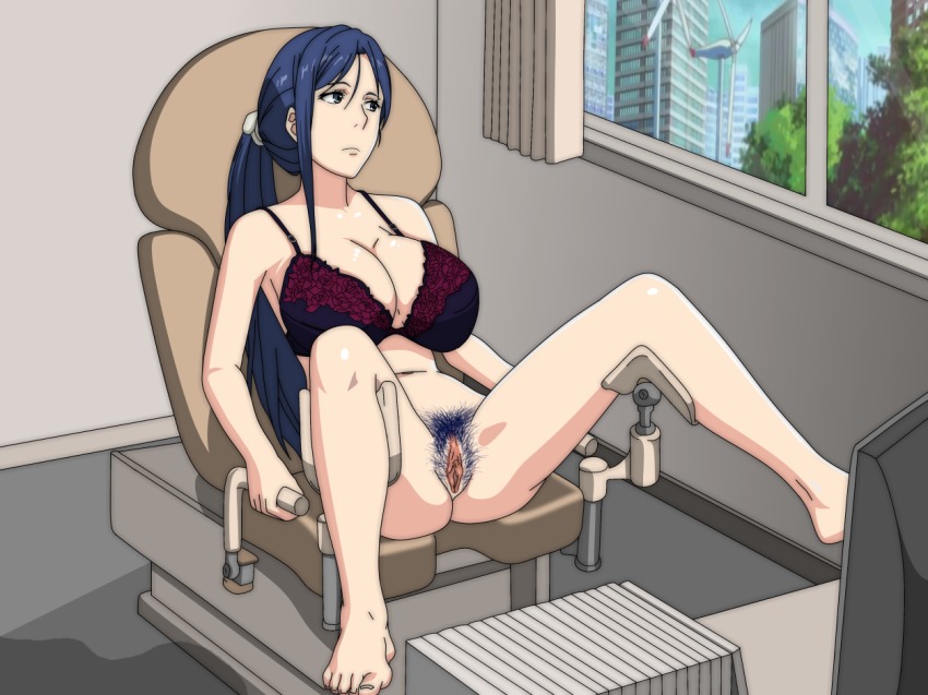 1girl arm_support ass barefoot blue_eyes blue_hair bottomless bra breasts chair colored_pubic_hair feet female_focus female_pubic_hair gynecology_chair huge_breasts legs legs_up long_hair matching_hair/eyes pubic_hair pussy sitting sky solo spread_legs thighs toaru_kagaku_no_railgun toaru_majutsu_no_index toes uncensored underwear window yomikawa_aiho