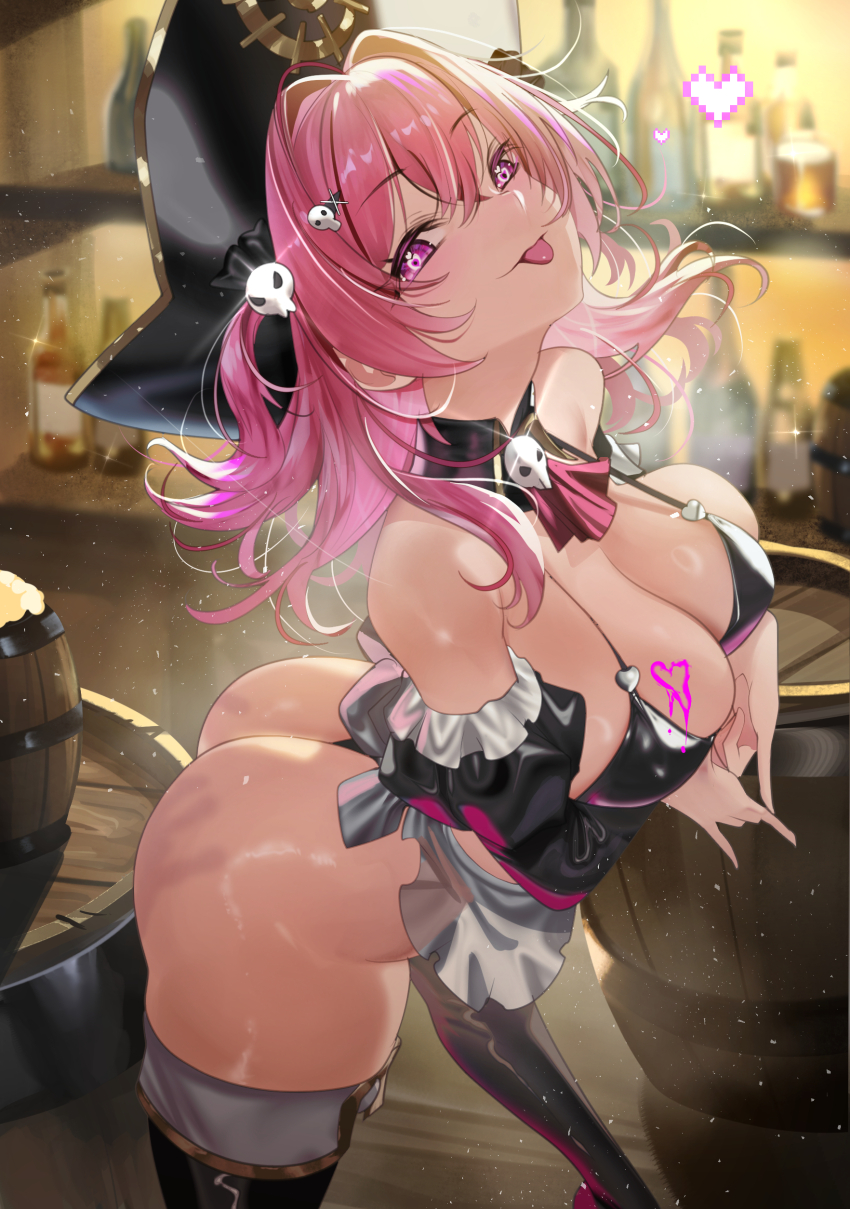 1girl :p absurdres apron ascot ass bar_(place) bare_shoulders barrel bikini black_bikini black_hat blush bottle breasts cleavage detached_collar goddess_of_victory:_nikke hair_ornament hat heart heart-shaped_pupils heart_in_eye highres large_breasts looking_at_viewer maid_apron mast_(nikke) mast_(romantic_maid)_(nikke) medium_hair pink_hair pirate_hat purple_eyes red_ascot skull_hair_ornament smile solo strap_gap swimsuit symbol-shaped_pupils symbol_in_eye teddypocky thong thong_bikini tongue tongue_out