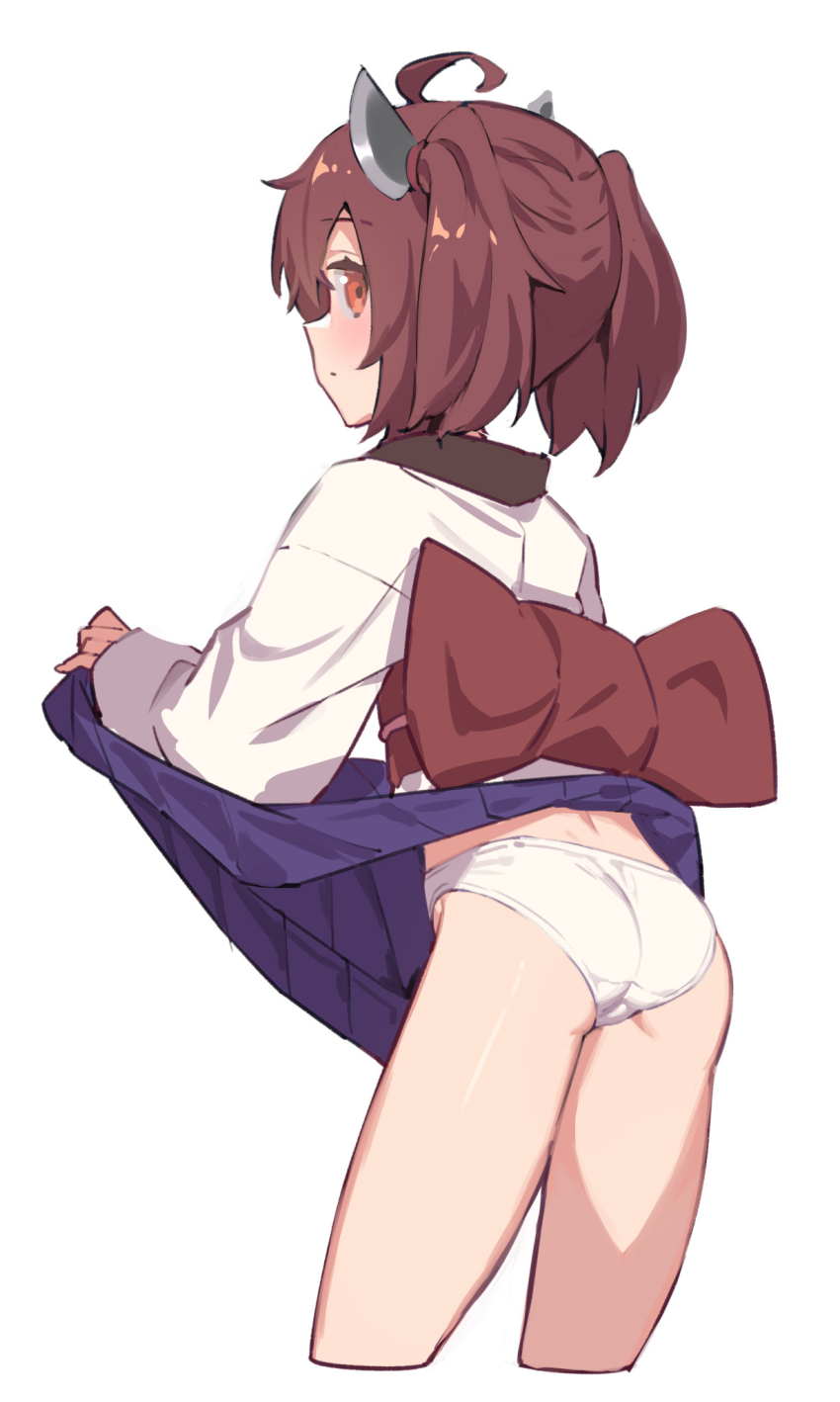 1girl ahoge ass blush brown_hair clothes_lift commentary_request cropped_legs expressionless from_behind headgear highres japanese_clothes kimono lifting_own_clothes looking_at_viewer looking_back obi orange_eyes panties sash short_hair short_kimono simple_background skirt skirt_lift solo touhoku_kiritan underwear voiceroid white_background white_kimono white_panties yamamomo_(plank)