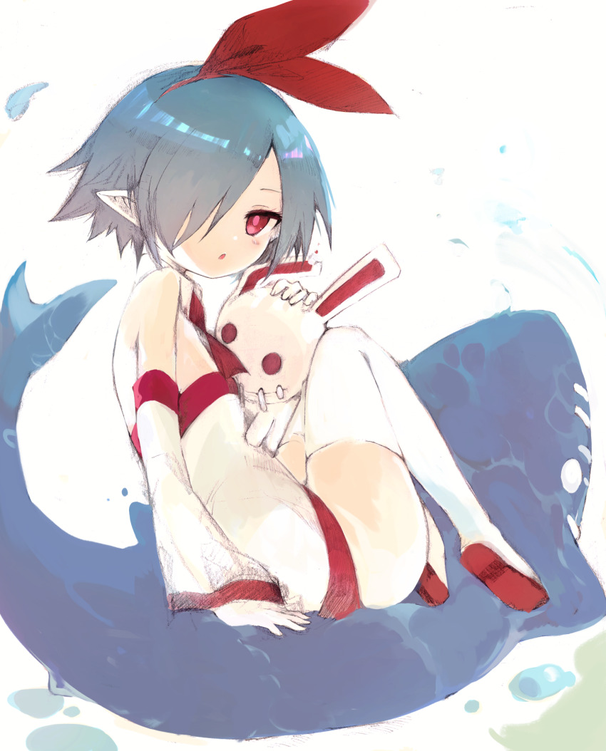 1girl bare_shoulders blue_hair detached_sleeves disgaea dress flat_chest hair_over_one_eye highres kakuwashi looking_at_viewer original parted_lips pleinair pointy_ears red_eyes same-san short_dress short_hair sitting solo stuffed_animal stuffed_rabbit stuffed_shark stuffed_toy thighhighs usagi-san white_dress white_thighhighs