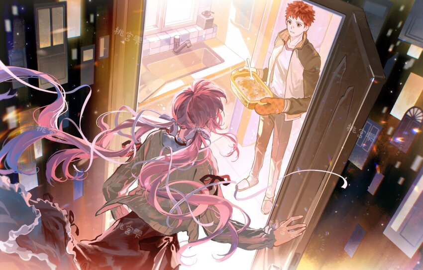 1boy 1girl 2025 alternate_universe black_jacket blush bow breasts cooking couple door door_handle doorknob doorway dress emiya_shirou fate/stay_night fate_(series) hair_bow hair_ornament halo happy_new_year hetero highres house igote indoors jacket kitchen long_hair long_sleeves momomiya_shizuku new_year open_door opening_door original pink_eyes pink_hair skirt smile stove twintails walk-in white_bow white_jacket window