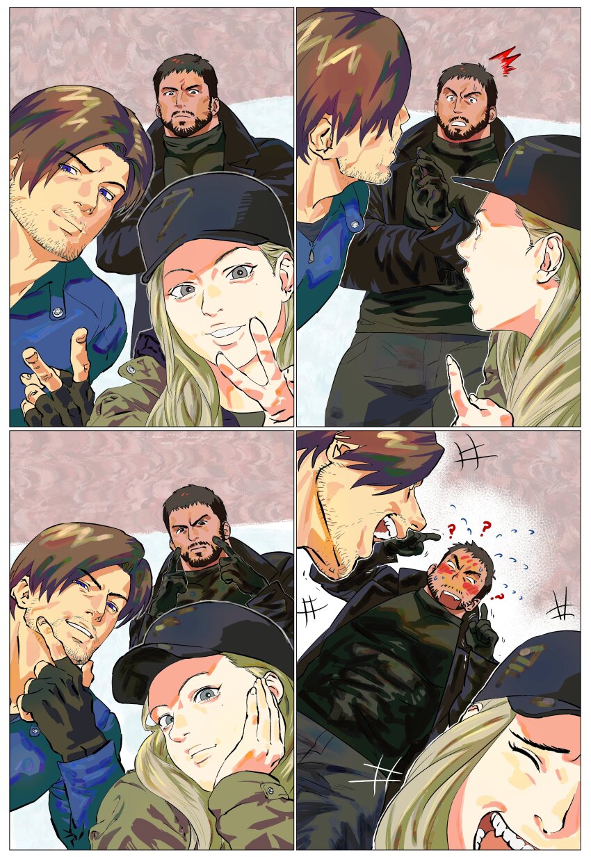 123456dyom 1girl 2boys ? absurdres baseball_cap black_coat black_gloves black_hair black_pants black_shirt blonde_hair blue_eyes blue_shirt blush brown_hair chris_redfield closed_eyes closed_mouth coat facial_hair fingerless_gloves gloves hat highres large_pectorals leon_s._kennedy long_hair looking_at_viewer multiple_boys muscular muscular_male open_clothes open_coat open_mouth pants pectorals resident_evil resident_evil_village rosemary_winters shirt smile v