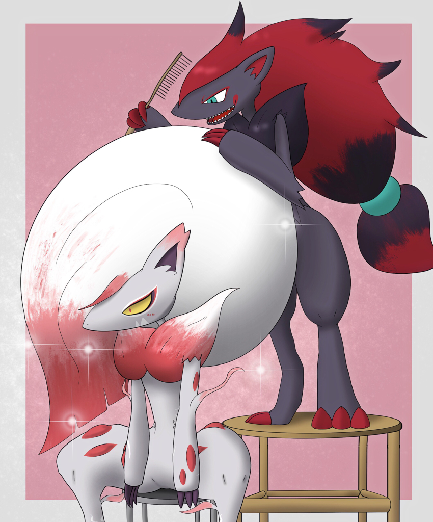 2others absurdres beranda blue_eyes blush brushing_another&#039;s_hair brushing_hair chair claws comb brushing_hair creatures_(company) furry game_freak gen_5_pokemon grey_fur highres hisuian_zoroark long_hair multiple_others nintendo open_mouth pokemon pokemon_(creature) red_fur red_hair simple_background sitting sparkle teeth white_fur white_hair yellow_eyes zoroark