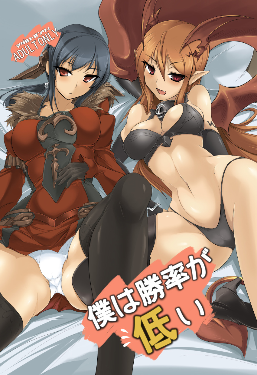 2girls absurdres bad_id bad_pixiv_id black_hair black_legwear black_panties bra breasts brown_hair cover demon_girl elbow_gloves gloves high_heels highres large_breasts lingerie lord_of_vermilion momio multiple_girls panties pointy_ears red_eyes rishia shoes sitting succubus_(lord_of_vermilion) thighhighs underwear underwear_only white_panties