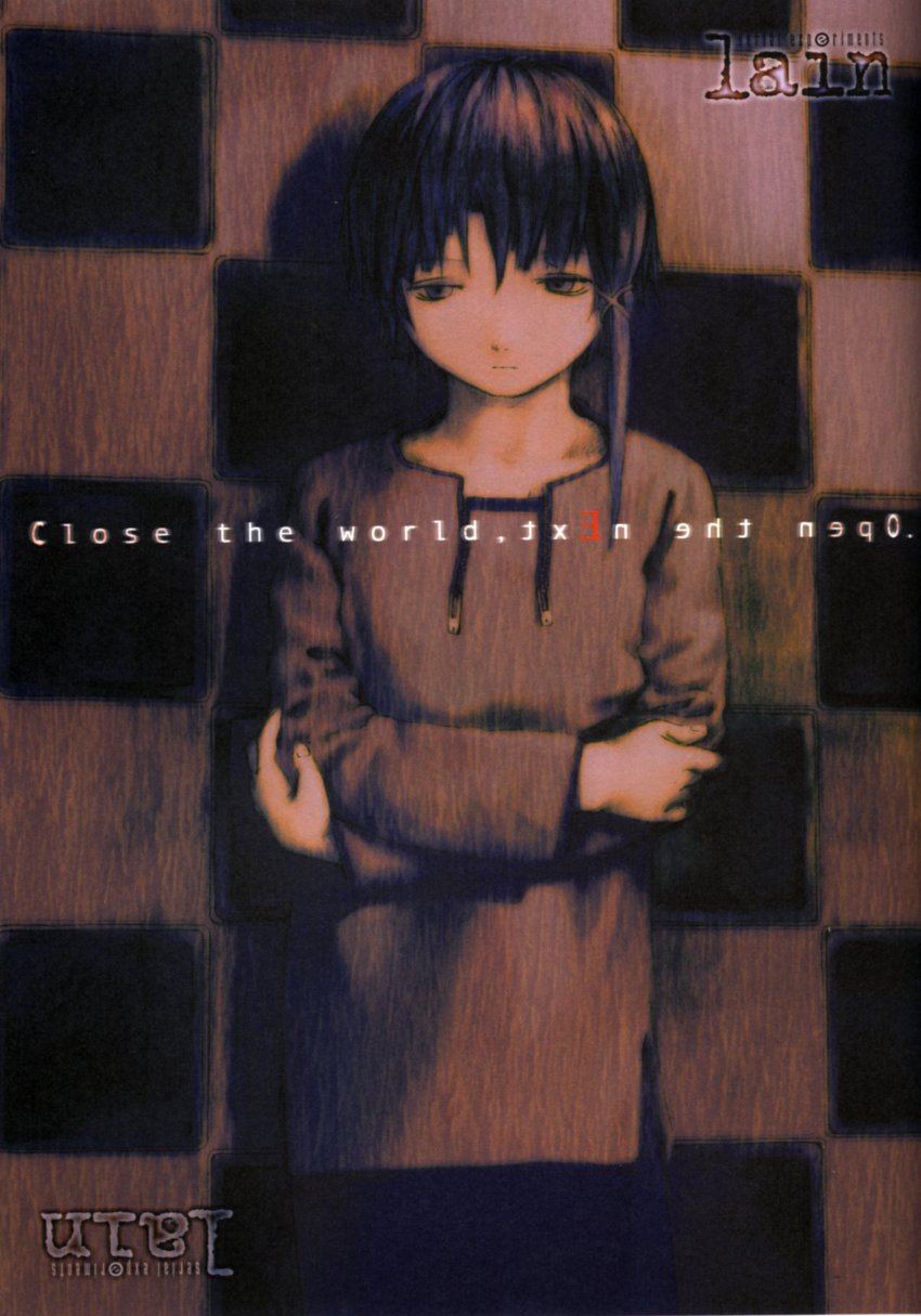 1990s_(style) 1girl abe_yoshitoshi absurdres artbook brown_eyes brown_hair checkered_background cowboy_shot female_focus highres iwakura_lain looking_down official_art retro_artstyle scan sepia serial_experiments_lain short_hair skirt solo standing