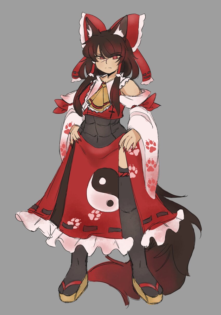 1girl abs absurdres angelicobituary animal_ears ascot bow brown_footwear brown_hair closed_mouth clothes_lift commentary detached_sleeves full_body grey_background hair_bow hair_tubes hakurei_reimu highres looking_at_viewer medium_hair navel paw_print red_bow red_eyes red_skirt ribbon-trimmed_skirt ribbon_trim sidelocks simple_background skirt skirt_lift solo tail touhou wolf_ears wolf_girl wolf_tail yellow_ascot yin_yang yin_yang_print