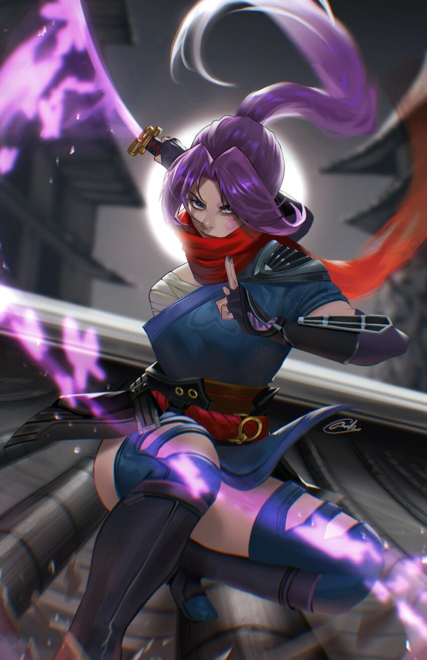 1girl animification armor breasts elbow_gloves gloves highres holding holding_sword holding_weapon japanese_clothes kimono long_hair looking_at_viewer marvel marvel_rivals miki_okazaki moon ninja psylocke purple_hair sarashi sash solo superhero_costume sword thighhighs weapon x-men