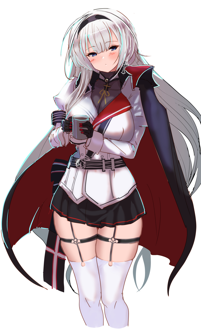 1girl absurdres azur_lane black_cape black_gloves black_skirt blue_eyes breasts cape cleavage coffee cup garter_straps gloves hey_taisyou highres holding holding_cup jacket large_breasts long_hair mainz_(azur_lane) microskirt pleated_skirt red_cape see-through_clothes simple_background skindentation skirt solo thighhighs two-tone_cape white_background white_hair white_jacket white_thighhighs zettai_ryouiki