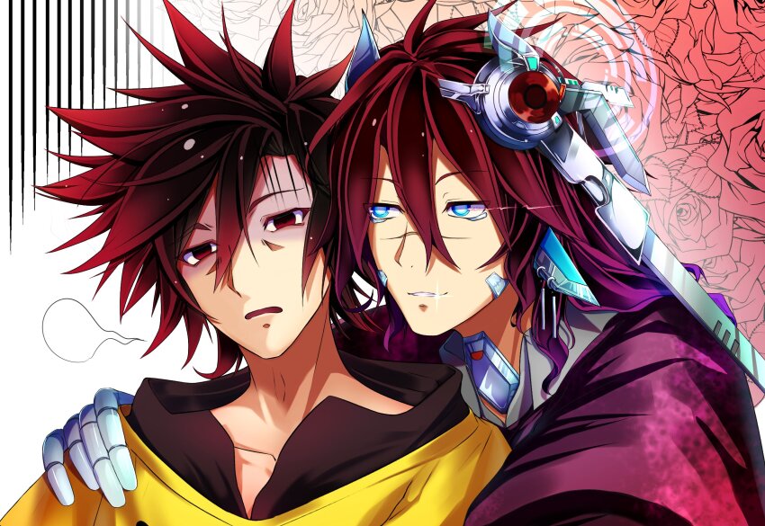 2boys blue_eyes brown_hair commentary_request einzig floral_background fusen_haru gradient_hair highres male_focus multicolored_hair multiple_boys no_game_no_life red_eyes red_hair sora_(no_game_no_life) spoken_squiggle squiggle