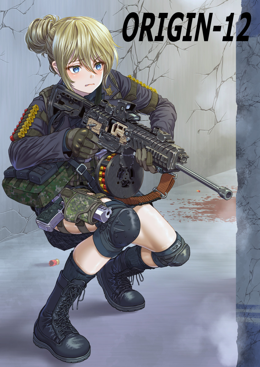 1girl absurdres blonde_hair blood blood_on_ground blue_eyes boots cross-laced_footwear desert_eagle drum_magazine eotech fostech_origin_12 gloves gun handgun highres holster knee_pads magazine_(weapon) original shotgun shotgun_shell solo squatting thigh_holster tigern_(tigern28502735) weapon weapon_name