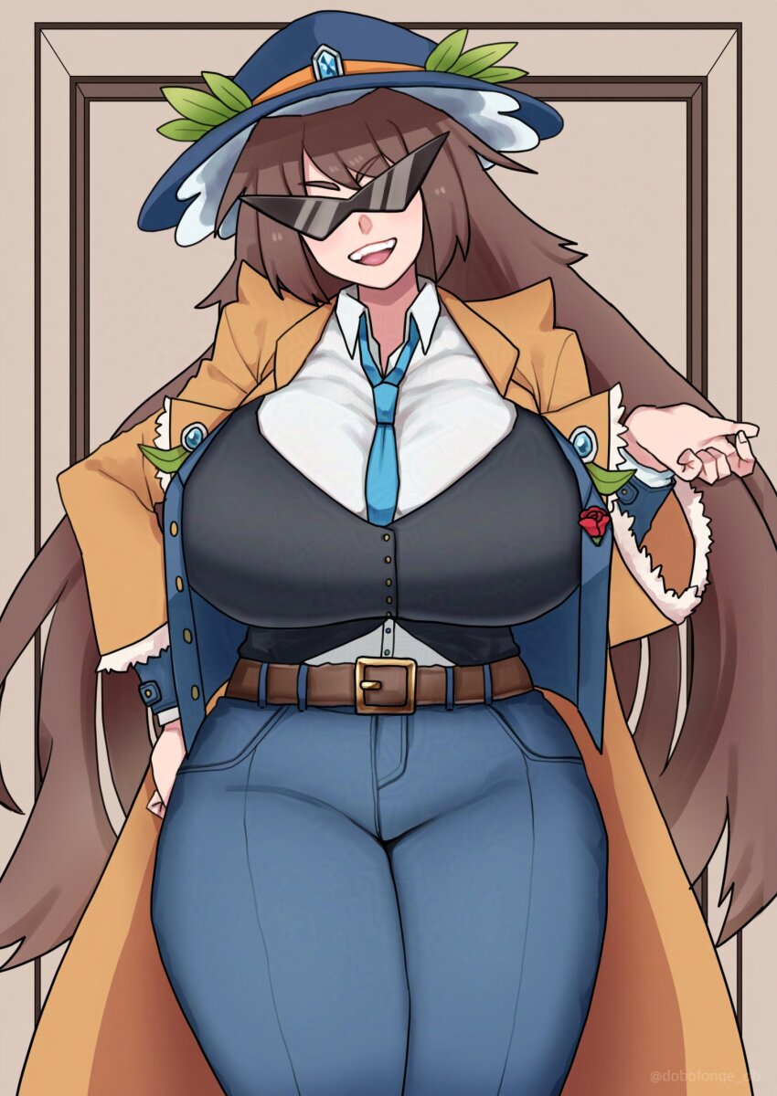 1girl belt breasts brown_coat coat dobonge gangster gensokyo_odyssey highres huge_breasts kakkoi_elbertson loose_necktie mafia necktie solo sunglasses tagme thick_thighs thighs touhou triangular_eyewear wide_hips