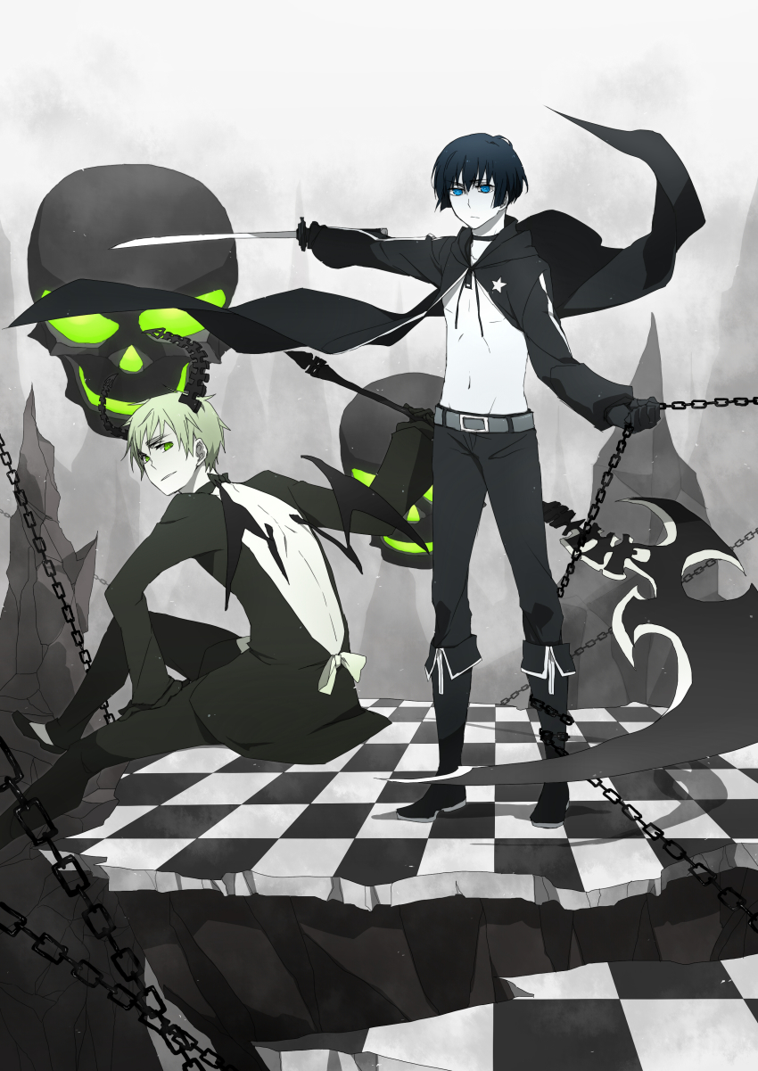 2boys absurdres axis_powers_hetalia backless_outfit black_rock_shooter black_rock_shooter_(character) black_rock_shooter_(cosplay) blue_eyes catgirl0926 chain checkered_floor cosplay dead_master dead_master_(cosplay) green_eyes highres japan_(hetalia) multiple_boys skull sword united_kingdom_(hetalia) weapon wings