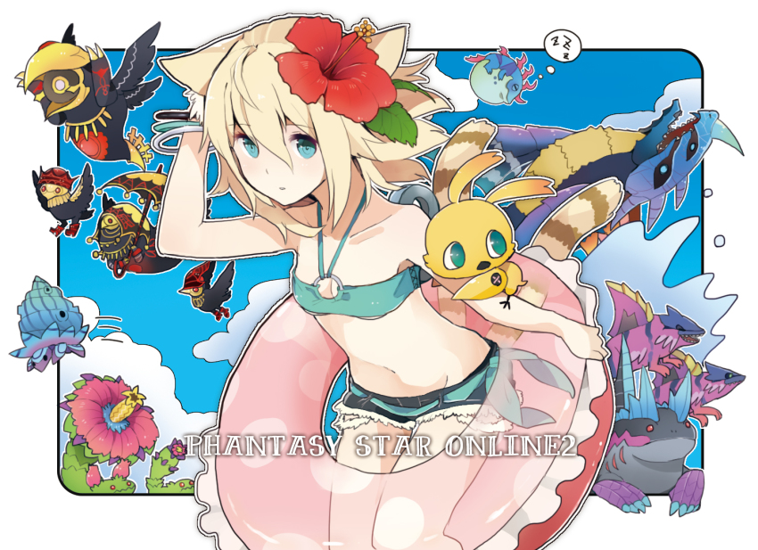 1girl animal_ears bad_id bad_pixiv_id bal_rodos bare_shoulders bird blonde_hair breasts character_request cleavage dragon flower hair_flower hair_ornament hibiscus innertube monster navel org_blan phantasy_star phantasy_star_online_2 rappy razuzyamu short_shorts shorts sleeping small_breasts swim_ring tail wings zzz