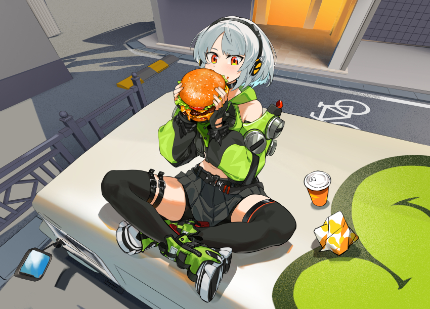 1girl absurdres anby_demara bare_shoulders black_gloves black_skirt black_thighhighs burger commission cup disposable_cup fingerless_gloves food gloves green_footwear grey_hair hands_up headphones highres holding holding_food indian_style long_sleeves midriff miniskirt mush navel orange_eyes pleated_skirt second-party_source shoes short_hair sitting skirt solo thighhighs zenless_zone_zero