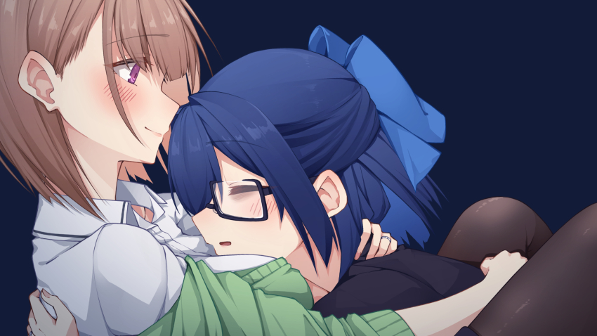 2girls a-chan_(hololive) aobara_hairi between_legs black-framed_eyewear black_pantyhose black_shirt blue_background blue_bow blue_hair blunt_bangs blush bow breasts brown_hair closed_eyes closed_mouth collared_shirt dark_blue_hair feet_out_of_frame from_side glasses hair_bow hand_on_another&#039;s_back hands_on_another&#039;s_back harusaki_nodoka highres hololive hug jewelry looking_at_another medium_breasts medium_hair multiple_girls open_hand open_hands pantyhose parted_lips profile purple_eyes reclining ring semi-rimless_eyewear shirt simple_background smile straight_hair under-rim_eyewear virtual_youtuber white_shirt wing_collar yuri