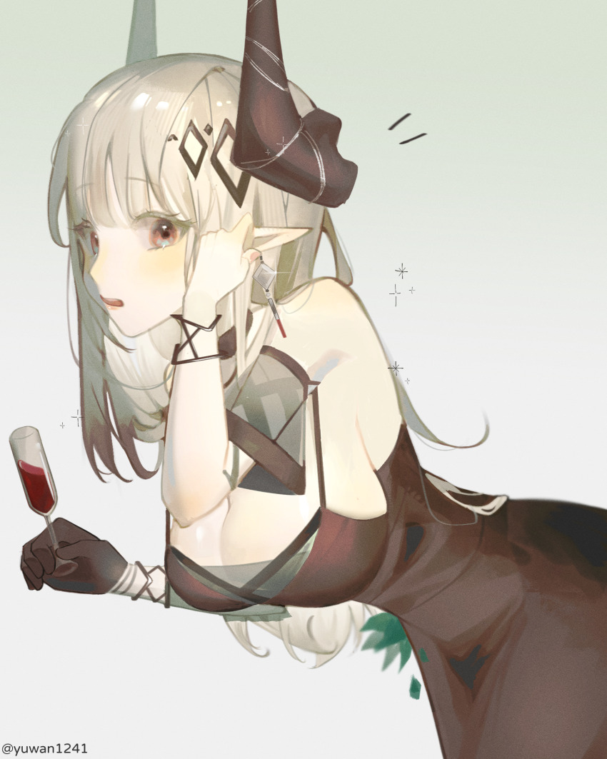 1girl alcohol arknights artist_name bare_shoulders black_choker black_dress black_gloves breasts choker cleavage cowboy_shot cup detached_sleeves dress drink drinking_glass earrings gloves hair_ornament highres holding holding_cup horns jewelry large_breasts long_hair looking_at_viewer mudrock_(arknights) mudrock_(obsidian)_(arknights) official_alternate_costume parted_lips pink_eyes pointy_ears red_wine single_glove solo white_hair wine yuwan1241