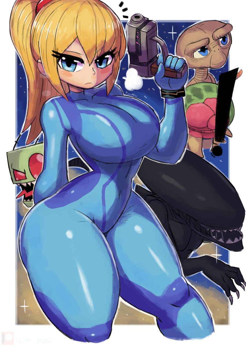 1girl 1other 2boys absurdres alien alien_(series) angry antennae black_skin blonde_hair blue_bodysuit blue_eyes blue_gloves blush bodysuit breasts breath claws colored_skin crossover e.t. energy_gun et genre_connection gloves green_skin gun highres holding holding_gun holding_weapon invader_zim large_breasts long_hair looking_at_viewer metroid metroid_(creature) multiple_boys nickelodeon nintendo open_mouth paralyzer ponytail ray_gun red_eyes samus_aran sharp_teeth space sparkle teeth thick_thighs thighs tongue tongue_out tony_welt trait_connection weapon wide_hips xenomorph zero_suit zim_(invader_zim)