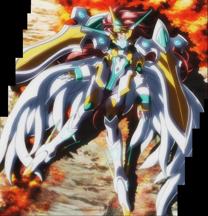 anime_screenshot banpresto mecha mecha_musume red_hair robot stitched super_robot_wars super_robot_wars_original_generation third-party_edit unconscious valsione wings