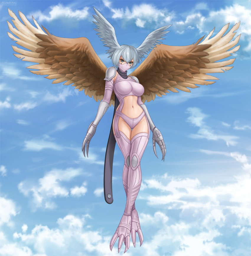 aqua_hair armor bird_wings breasts claws digimon digimon_(creature) digimon_frontier flowerxl flying head_wings highres large_breasts mask navel scarf short_hair shoulder_armor shutumon sky talons wings