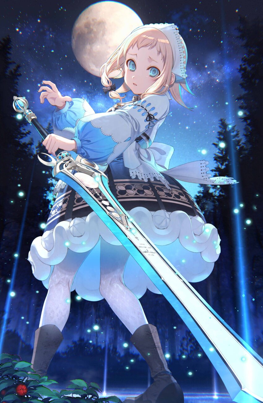 1girl absurdres black_ribbon blonde_hair blue_eyes dress forest gretel_(grimms_echoes) grimms_echoes hair_ribbon highres holding holding_sword holding_weapon long_sleeves moon nature night official_art open_mouth outdoors pantyhose puffy_long_sleeves puffy_sleeves ribbon shirotaka_(5choume) sky solo star_(sky) starry_sky sword tree weapon white_dress white_headdress white_pantyhose white_ribbon