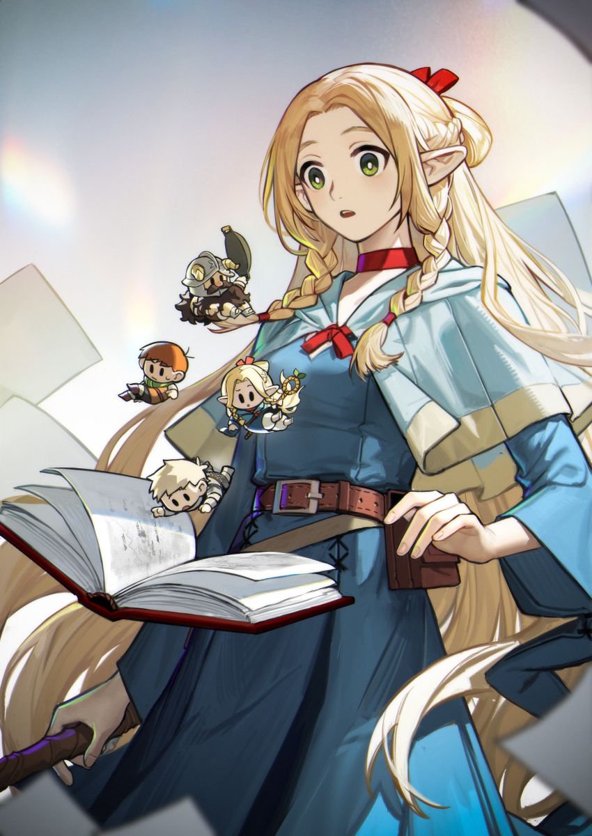 1girl 3boys absurdres ambrosia_(dungeon_meshi) armor beard belt black_hair blonde_hair blue_capelet blue_robe book braid brown_hair capelet chibi chilchuck_tims dual_persona dungeon_meshi elf facial_hair fake_horns fivefallall green_eyes hair_ribbon helmet highres holding holding_staff horned_helmet horns laios_touden long_hair long_sleeves marcille_donato multiple_boys mustache open_book open_mouth paper pointy_ears ribbon robe senshi_(dungeon_meshi) staff teeth twin_braids upper_teeth_only wok