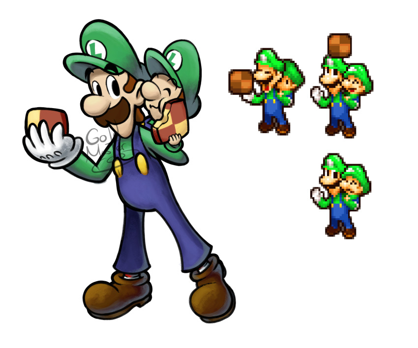 2boys artist_name baby baby_luigi blue_overalls boots brown_footwear brown_hair carrying checkerboard_cookie closed_eyes cookie dual_persona facial_hair food gloves goldmaster7 green_hat green_shirt hat highres holding holding_food luigi mario_&amp;_luigi:_partners_in_time mario_&amp;_luigi_rpg mario_(series) masanori_sato_(style) multiple_boys mustache nintendo overalls piggyback reference_inset shirt short_hair signature simple_background sprite white_background white_gloves