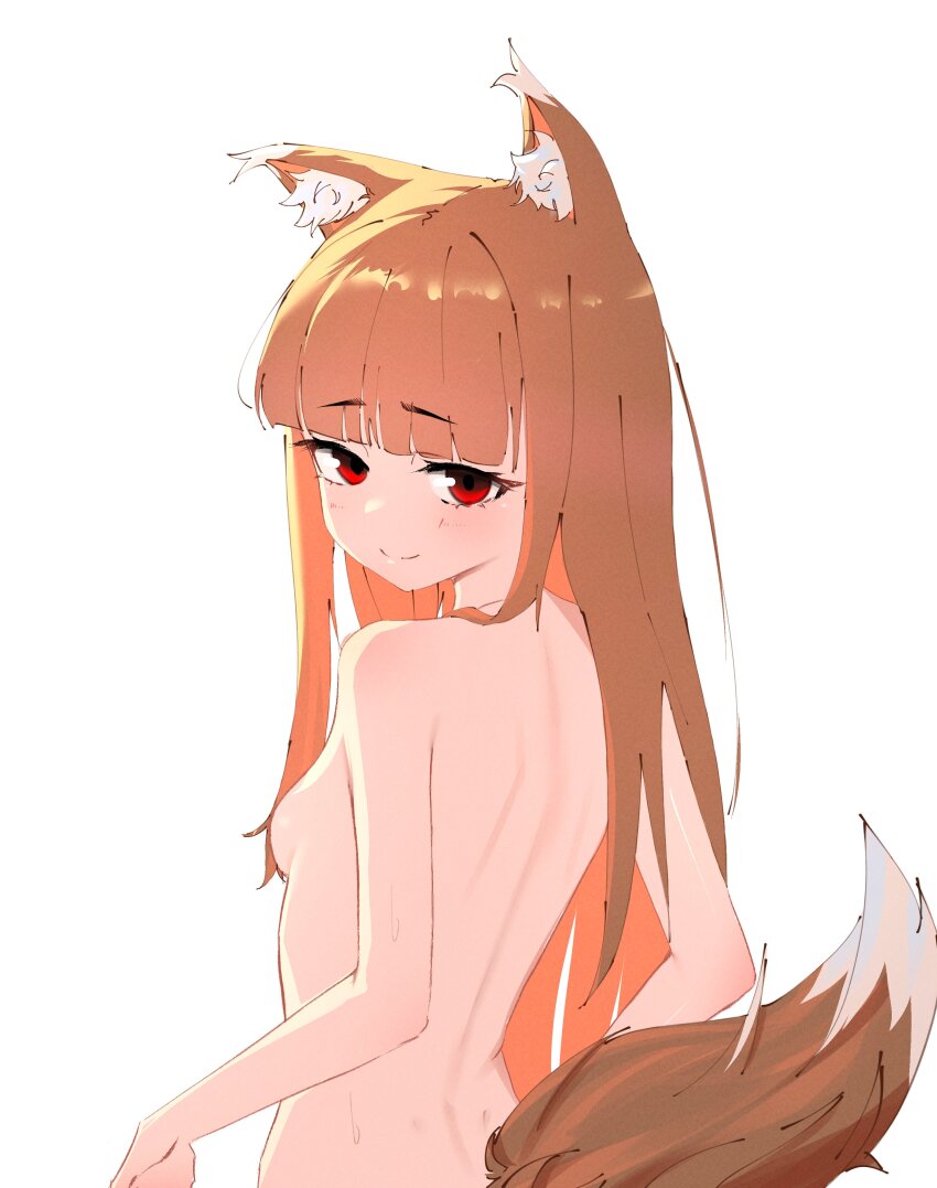 1girl absurdres animal_ear_fluff animal_ears babywipes backlighting blunt_bangs breasts commentary commission completely_nude english_commentary from_behind highres holo long_hair looking_at_viewer looking_back nude red_eyes simple_background small_breasts smile solo spice_and_wolf standing tail upper_body white_background wolf_ears wolf_tail