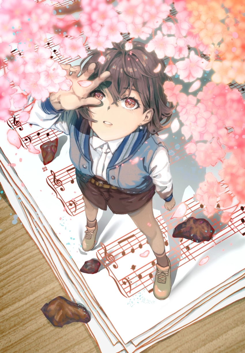 1girl absurdres bang_dream! bang_dream!_it&#039;s_mygo!!!!! black_socks blue_jacket brown_eyes cherry_blossoms chinese_commentary collared_shirt commentary_request dress_shirt earrings from_above grey_hair grey_skirt hair_between_eyes highres jacket jewelry linden_bd long_sleeves open_mouth rock sheet_music shirt short_hair skirt socks solo standing takamatsu_tomori white_shirt