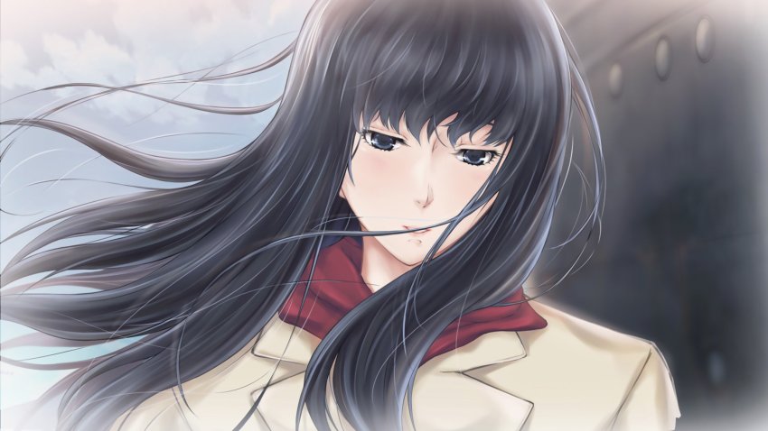 1girl black_eyes black_hair blush boat cloud cloudy_sky eyebrows_hidden_by_hair hair_between_eyes highres jacket kara_no_shoujo kuchiki_touko long_hair looking_at_viewer nevermoreho open_mouth red_scarf scarf sky smile snow solo watercraft