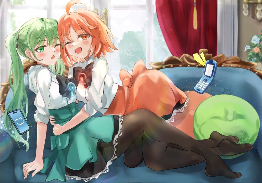 2girls ahoge apron black_skirt blush breasts brown_pantyhose cellphone couch fate/grand_order fate_(series) green_apron green_eyes green_hair hibino_hibiki highres katsuragi_chikagi klash large_breasts long_hair looking_at_viewer magatama medium_breasts multiple_girls one_eye_closed open_mouth orange_apron orange_eyes orange_hair pantyhose phone shirt short_hair skirt smile twintails type-moon white_shirt