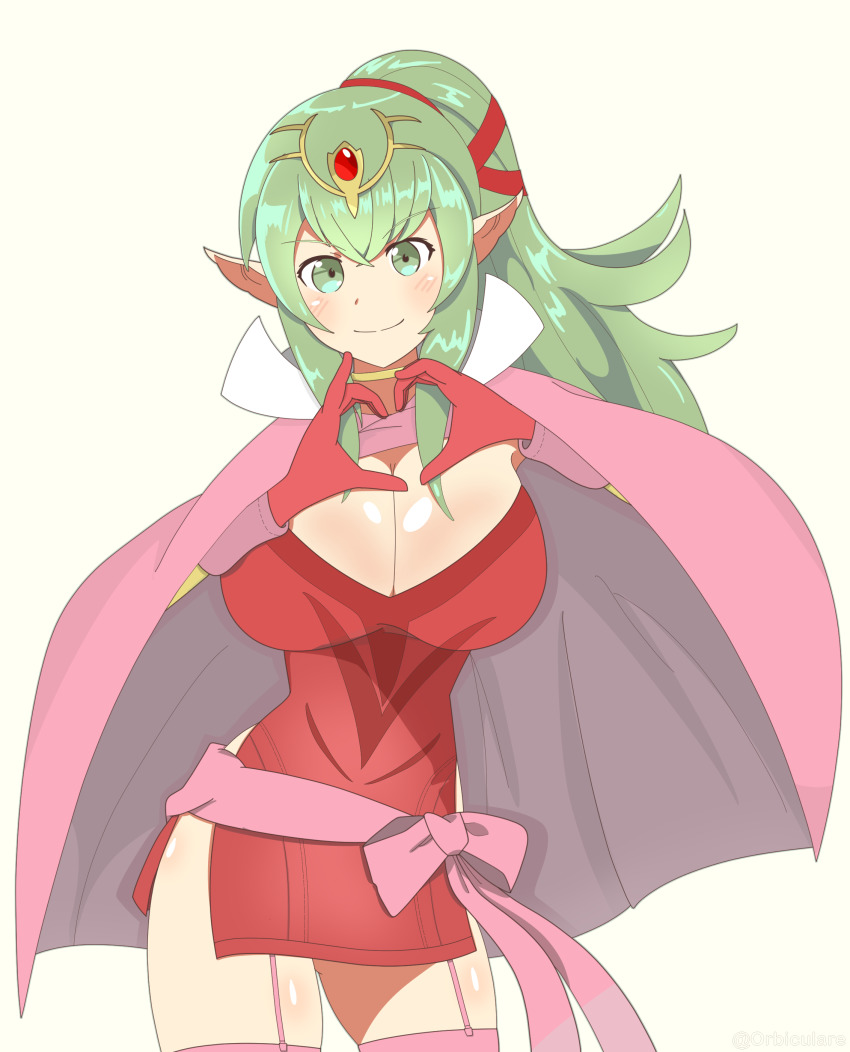 1girl absurdres breasts breasts cape cleavage fire_emblem fire_emblem_awakening garter_straps gloves green_eyes green_hair heart heart_gesture heart_hands highres jewelry large_breasts long_hair mature_female nintendo no_bra no_panties aged_up orbiculare pointy_ears ponytail solo thighs tiara tiki_(fire_emblem)