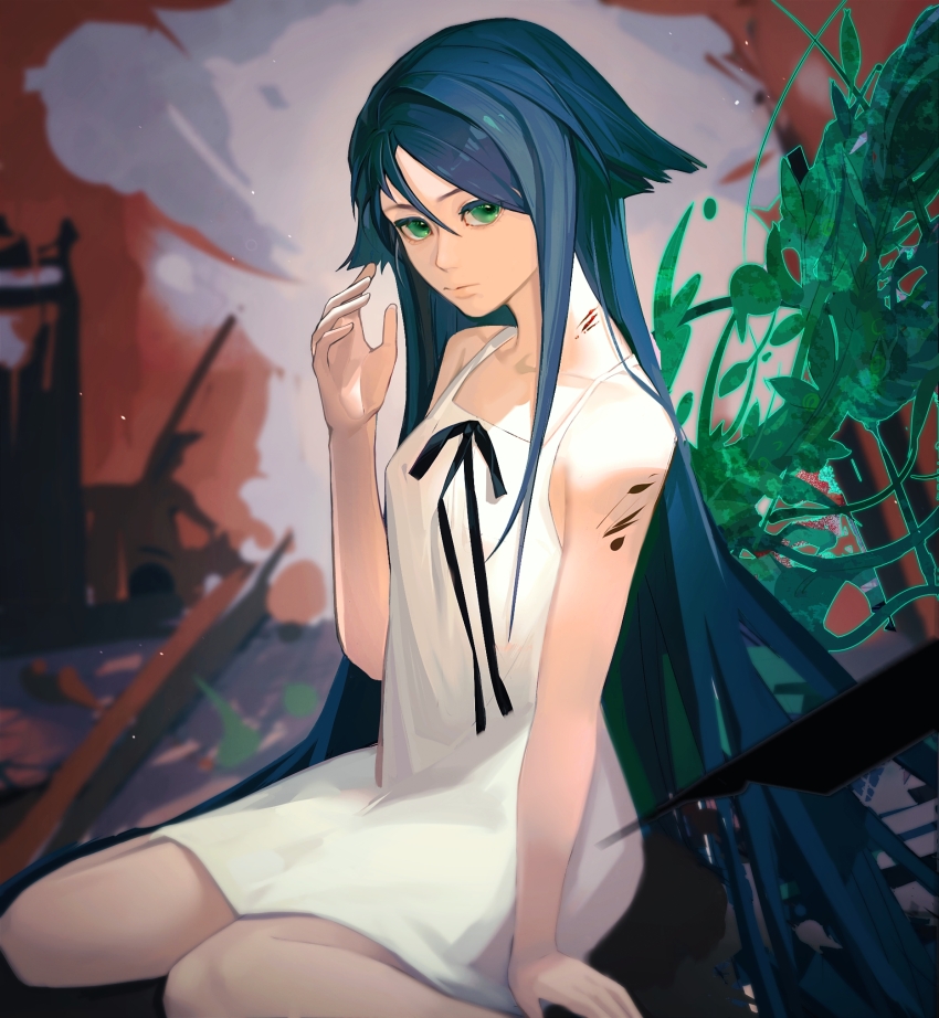 1girl bare_arms bare_shoulders black_bow black_hair bow dirty dress eyelashes feet_out_of_frame green_eyes hair_between_eyes hair_ears hand_up highres hupo_hui_(1033556956) long_hair outdoors red_background ruins saya_(saya_no_uta) saya_no_uta short_dress sitting sleeveless sleeveless_dress smoke solo straight_hair sundress very_long_hair wariza white_dress