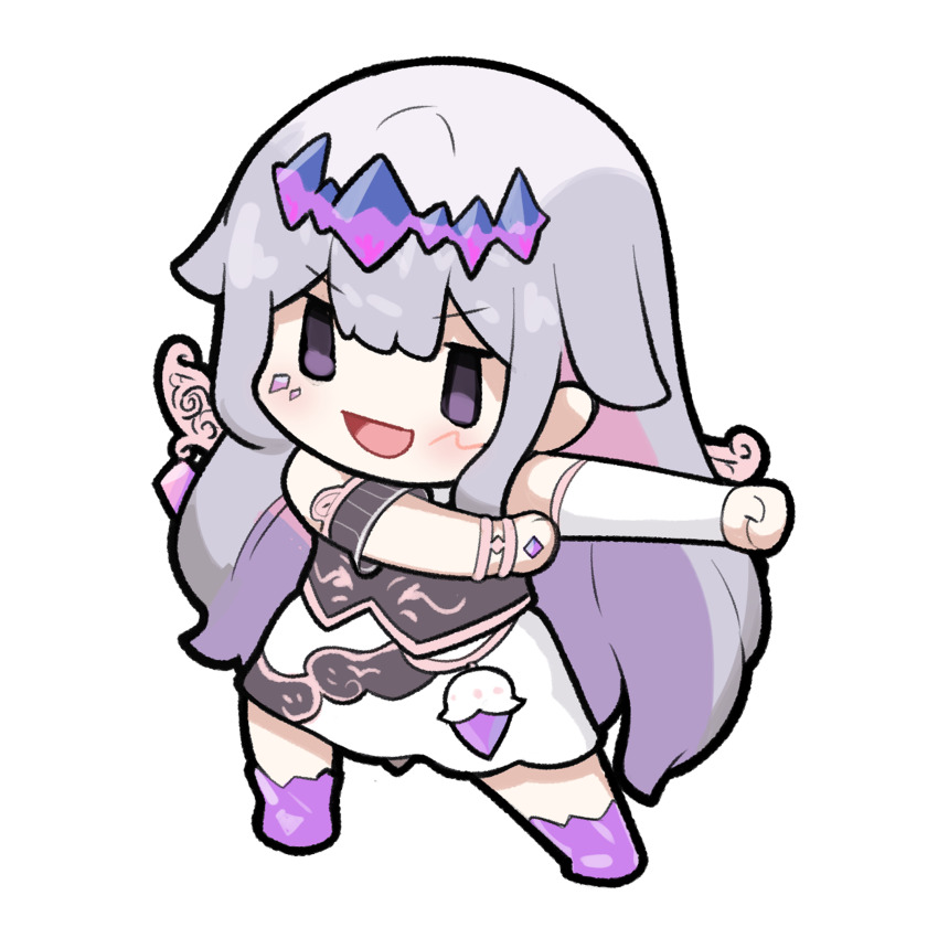 1girl absurdres chibi chibi_only dress grey_hair highres hololive hololive_english jewel_under_eye koseki_bijou long_hair material_growth metal_wings open_mouth purple_eyes simple_background snowmya solo virtual_youtuber white_background white_dress