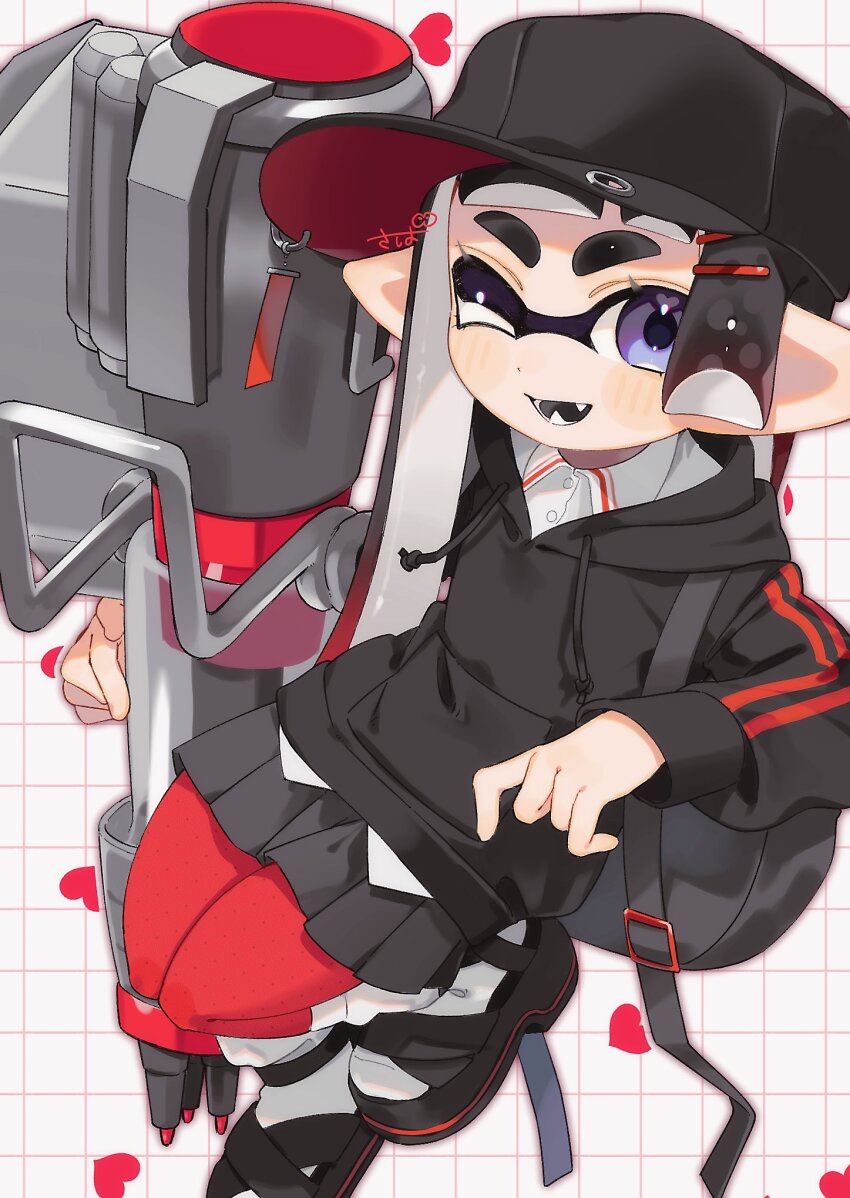 1girl ;d asymmetrical_hair backpack bag baseball_cap black_footwear black_hair black_hat black_hoodie black_tongue blue_eyes buttons collared_shirt drawstring dress_shirt fangs gradient_hair grey_bag grey_skirt grid_background hair_ornament hairclip hat heart heavy_edit_splatling_(splatoon) highres hood hood_down hoodie inkling inkling_girl inkling_player_character layered_legwear light_blush long_hair long_sleeves miniskirt multicolored_hair nintendo one_eye_closed open_mouth pantyhose pleated_skirt pointy_ears red_hair red_pantyhose sahata_saba sandals shirt skirt smile socks solo splatoon_(series) teeth tentacle_hair two-tone_hair white_shirt white_socks