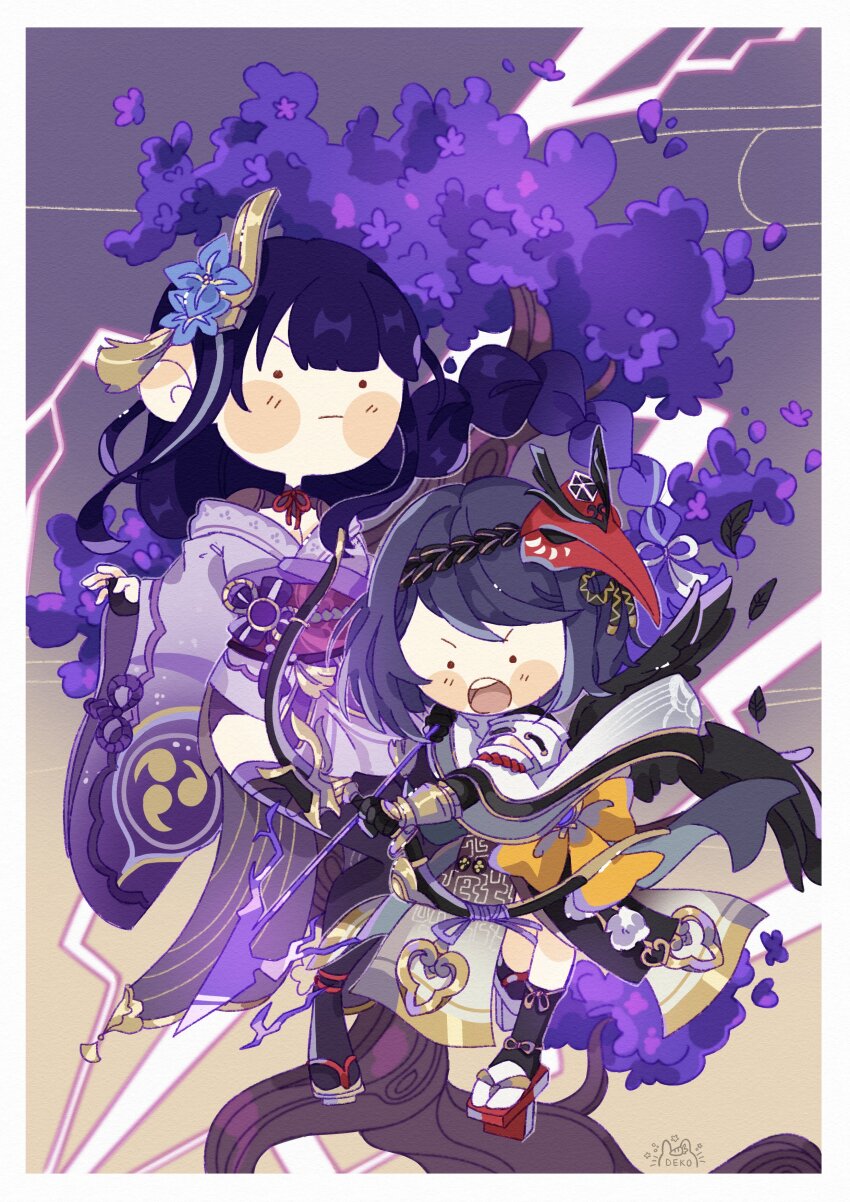 2girls abstract_background absurdres angry armlet arms_up artist_name bird_wings black_feathers black_gloves black_hair black_panties black_thighhighs black_wings bow braid breasts bridal_gauntlets chibi chibi_only cleavage closed_mouth commentary couple detached_sleeves electricity english_commentary falling_feathers feathered_wings feathers genshin_impact gloves gradient_background gradient_hair hair_between_eyes hair_flowing_over hair_ornament hair_ribbon highres holding holding_weapon japanese_clothes jewelry kimono kujou_sara large_breasts long_braid long_hair long_sleeves looking_down looking_to_the_side mask mask_on_head mitsudomoe_(shape) multicolored_background multicolored_hair multiple_girls neck_ribbon nya_deko off_shoulder open_mouth panties purple_hair purple_kimono raiden_shogun red_ribbon ribbon sash serious shade short_hair short_sleeves single_braid socks standing standing_on_one_leg streaked_hair swept_bangs teeth thighhighs thighs tomoe_(symbol) tree underwear upper_teeth_only watermark weapon white_ribbon wide_sleeves wings yuri