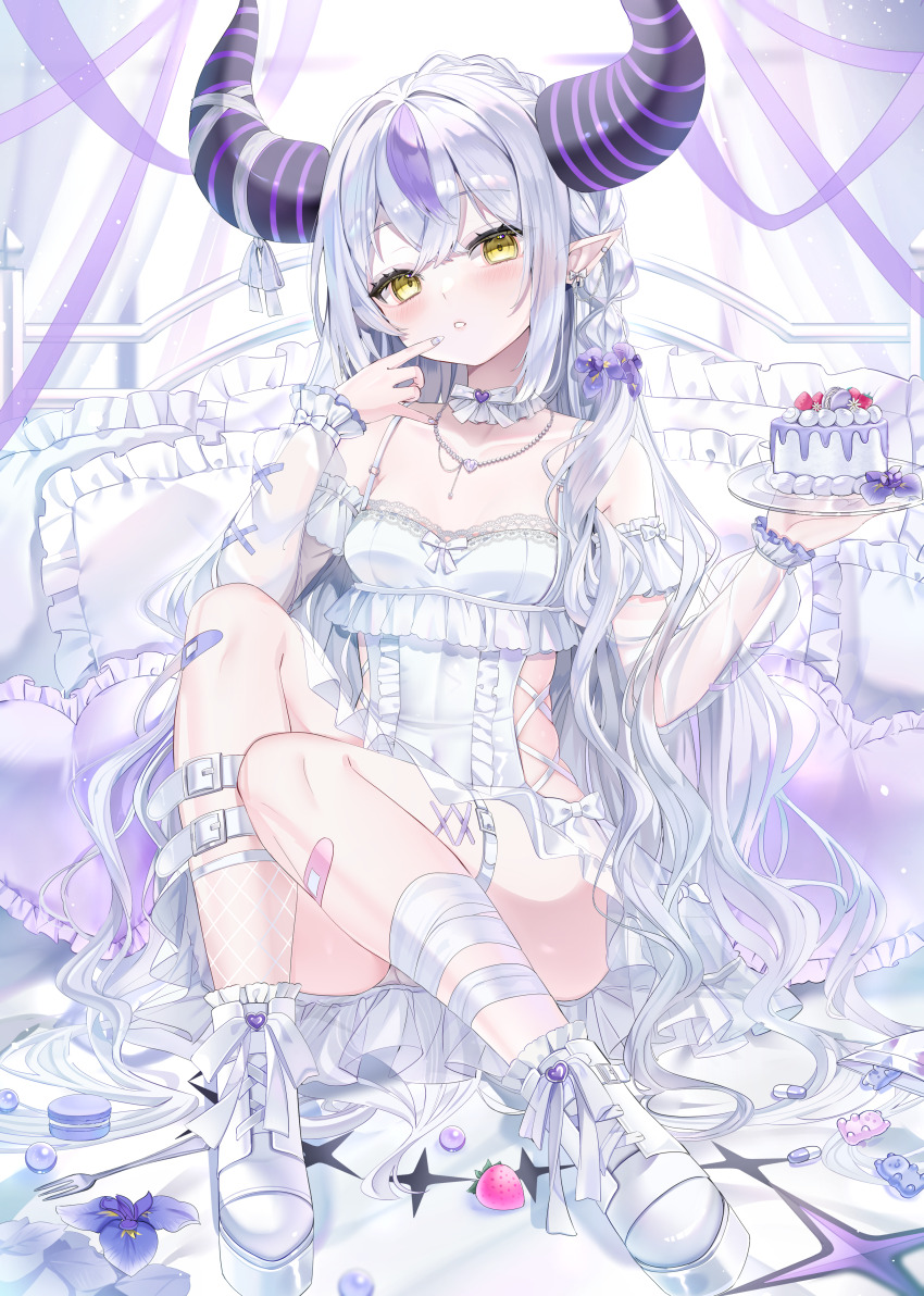 1girl absurdres bandaged_leg bandages bandaid bandaid_on_leg bare_shoulders blush breasts cake cake_slice clothing_cutout detached_collar detached_sleeves dress fishnet_socks fishnets food garter_straps heart heart-shaped_pillow highres holding holding_plate hololive horn_ornament horns la+_darknesss long_hair looking_at_viewer multicolored_hair panties pillow piyokuma plate purple_hair see-through_clothes see-through_sleeves side_cutout sitting small_breasts socks solo streaked_hair underwear virtual_youtuber white_dress white_footwear white_hair white_panties yellow_eyes