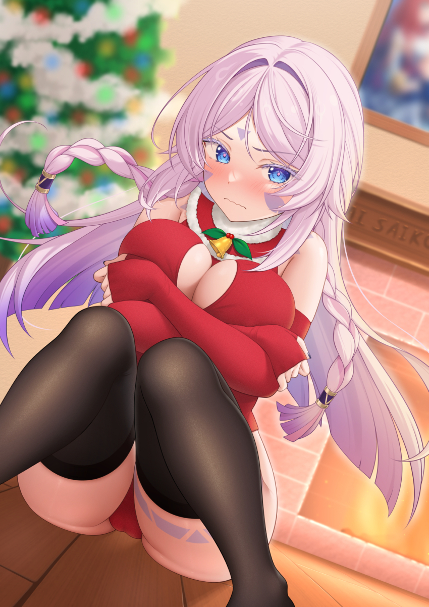 1girl akira_(sayo_dayoo) bare_shoulders bell black_thighhighs blue_eyes blurry blurry_background blush braid breasts cameltoe christmas_tree citlali_(genshin_impact) cleavage cleavage_cutout closed_mouth clothing_cutout commentary_request crossed_arms facial_mark feet_out_of_frame fireplace forehead_mark genshin_impact highres indoors large_breasts leotard long_hair multicolored_hair neck_bell painting_(object) pink_hair purple_hair red_leotard sitting solo thighhighs triangle triangle_facial_mark very_long_hair wavy_mouth